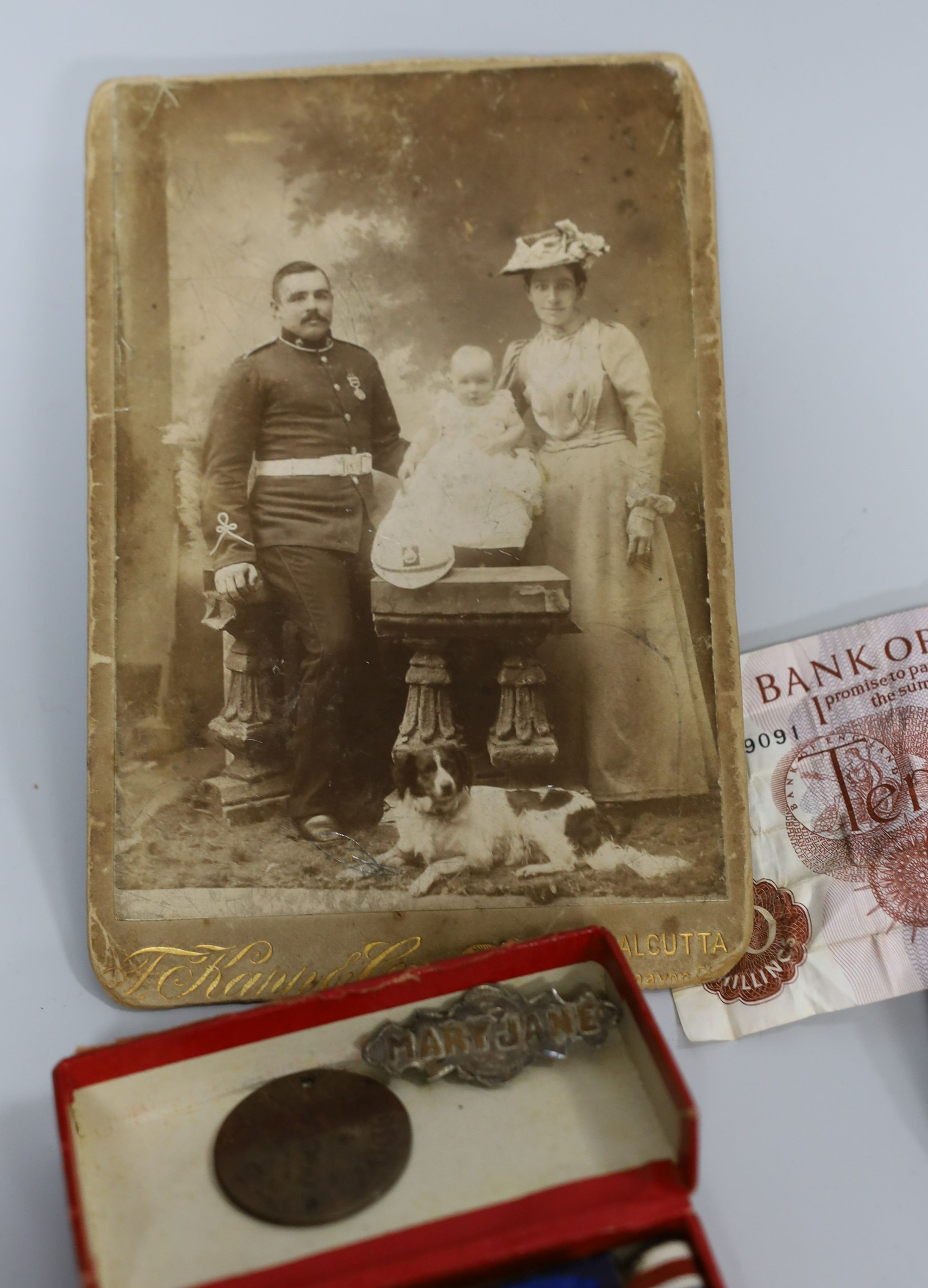 An India campaign medal and a long service and good conduct medal both awarded to 4838 PTE W.J. MORRIS 2D BN RYL SUSS REGT, a British war medal awarded to 34910 PTE. W. T. MORRIS. BEDF. R. a Palestine general service med